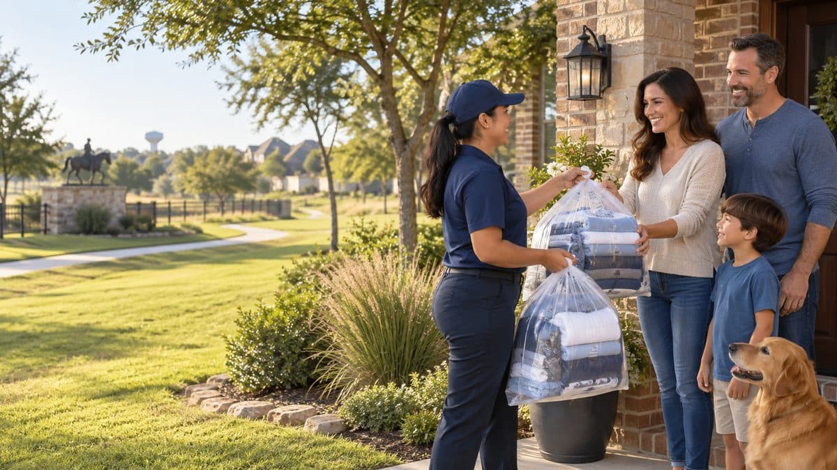 Grand Laundry Services driver delivering bags of clean laundry to a home in Mesquite