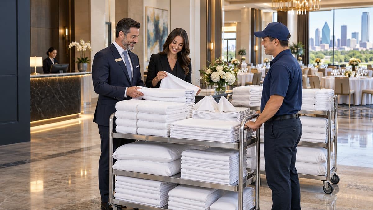 Grand Laundry Services driver delivering a cart of folded towels, sheets and napkins to hotel staff in Dallas