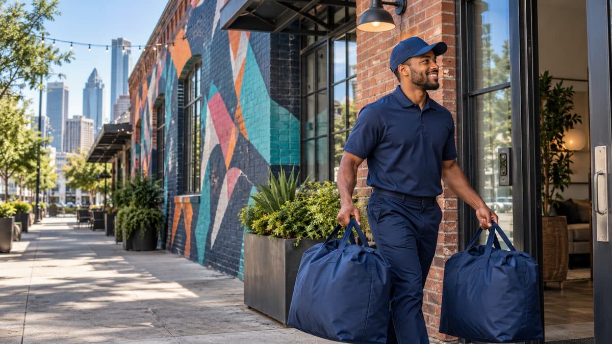 Grand Laundry Services driver delivering bags of clean laundry to a home in Deep Ellum