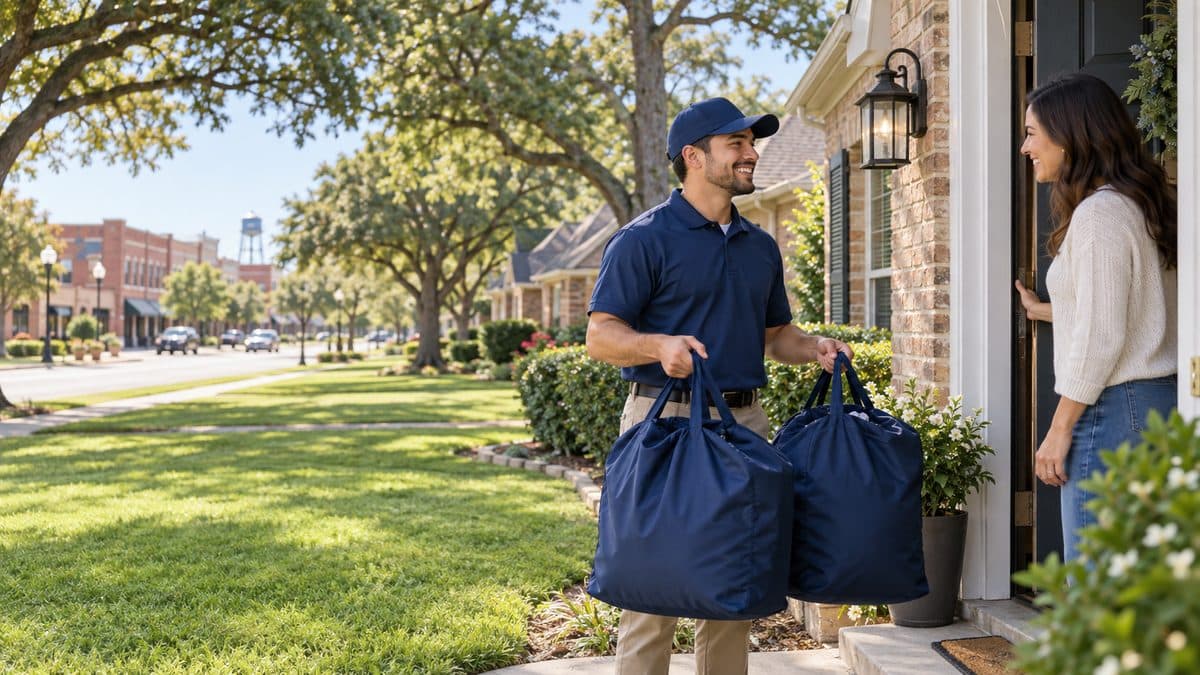 Grand Laundry Services driver delivering bags of clean laundry to a home in Garland