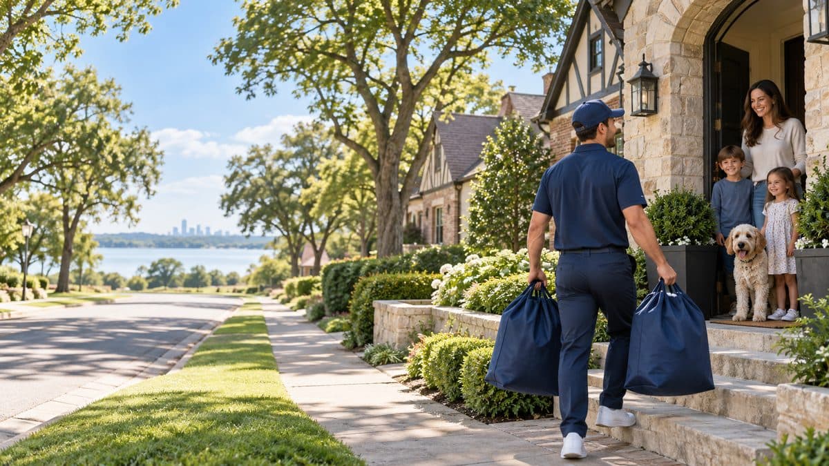 Grand Laundry Services driver delivering bags of clean laundry to a home in Lakewood