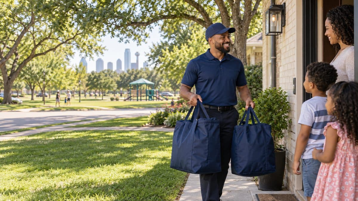 Grand Laundry Services driver delivering bags of clean laundry to a home in Pleasant Grove